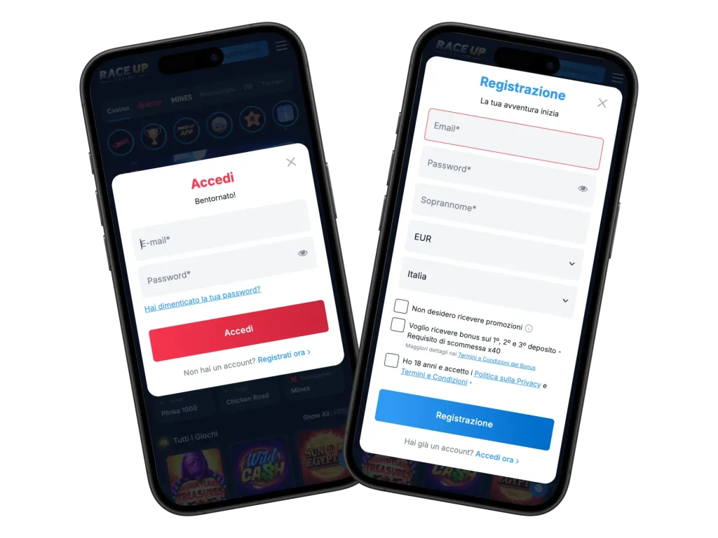 Race Up Registrazione e Login Mobile